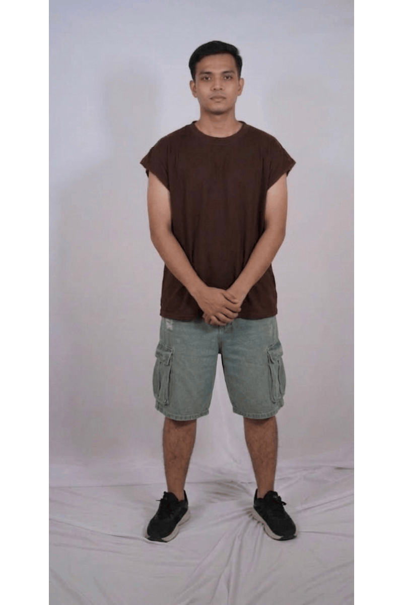 Boxy Sando Brown - Women back view with black shorts